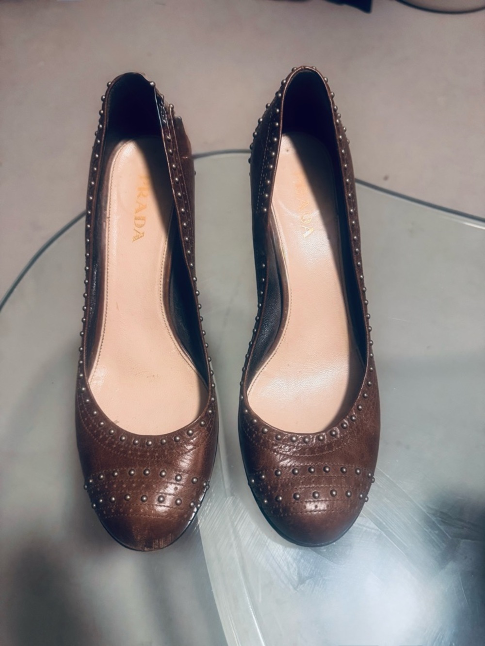 Prada Brown Studded Leather Heels